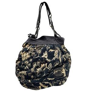 Anthropologie Lucky Penny Black Cream Floral Canvas Leather Hobo Shoulder Bag